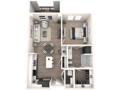 A 3D floor plan of a small apartment with a living room, kitchen, and bedroom.